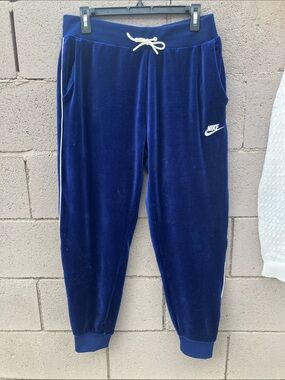 Nike Navy Blue Velour Track Joggers with White Accents